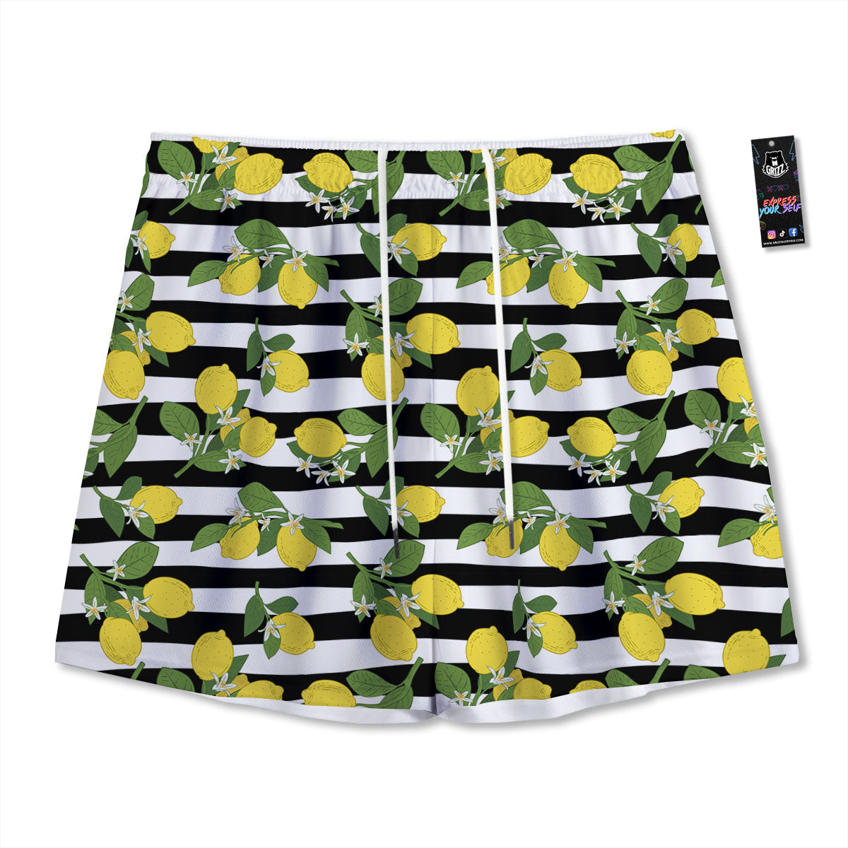 Striped Lemon Print Pattern Mesh Shorts