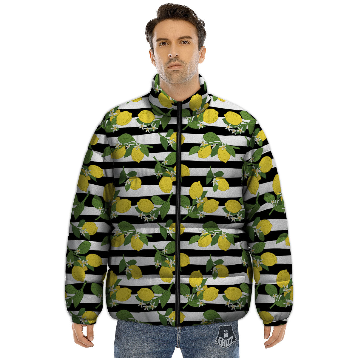 Striped Lemon Print Pattern Puffer Jacket-grizzshop