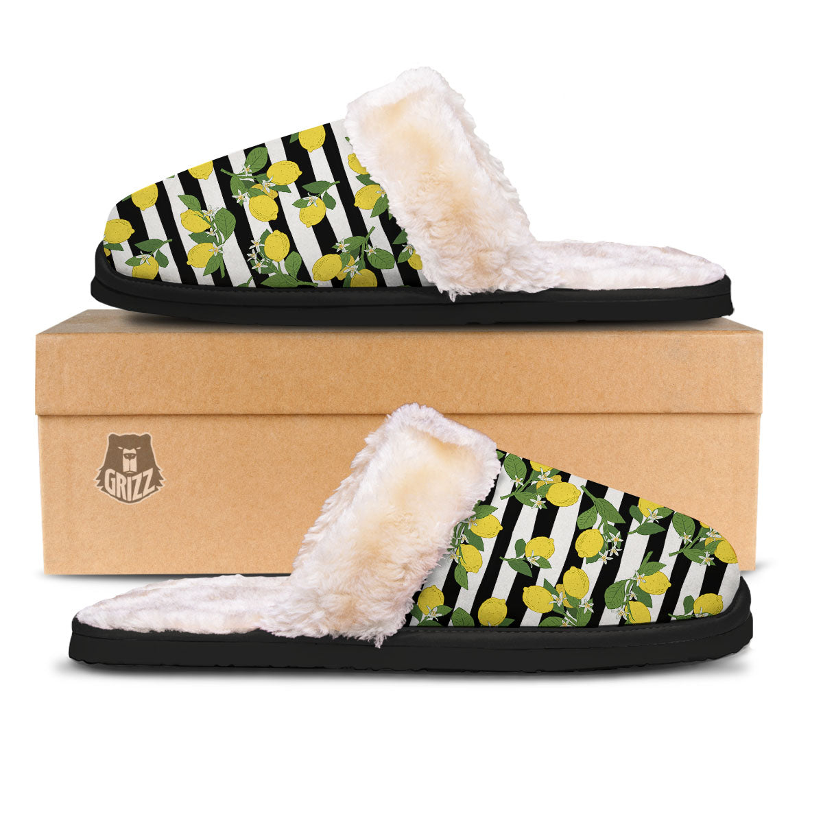 Striped Lemon Print Pattern Slippers-grizzshop