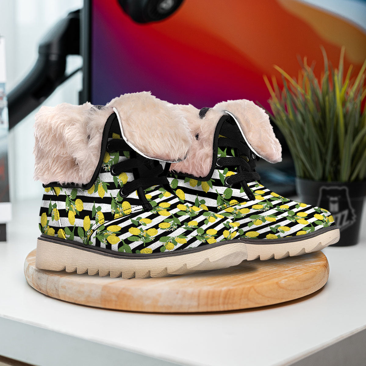 Striped Lemon Print Pattern Snow Boots-grizzshop