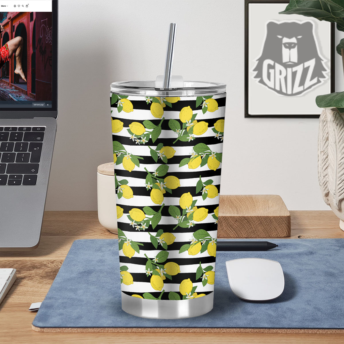 Striped Lemon Print Pattern Tumbler-grizzshop