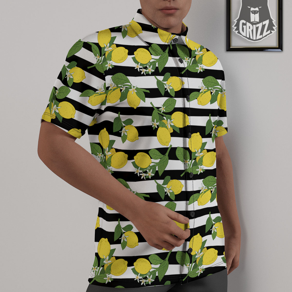 Striped Lemon Print Pattern Untucked Shirts-grizzshop