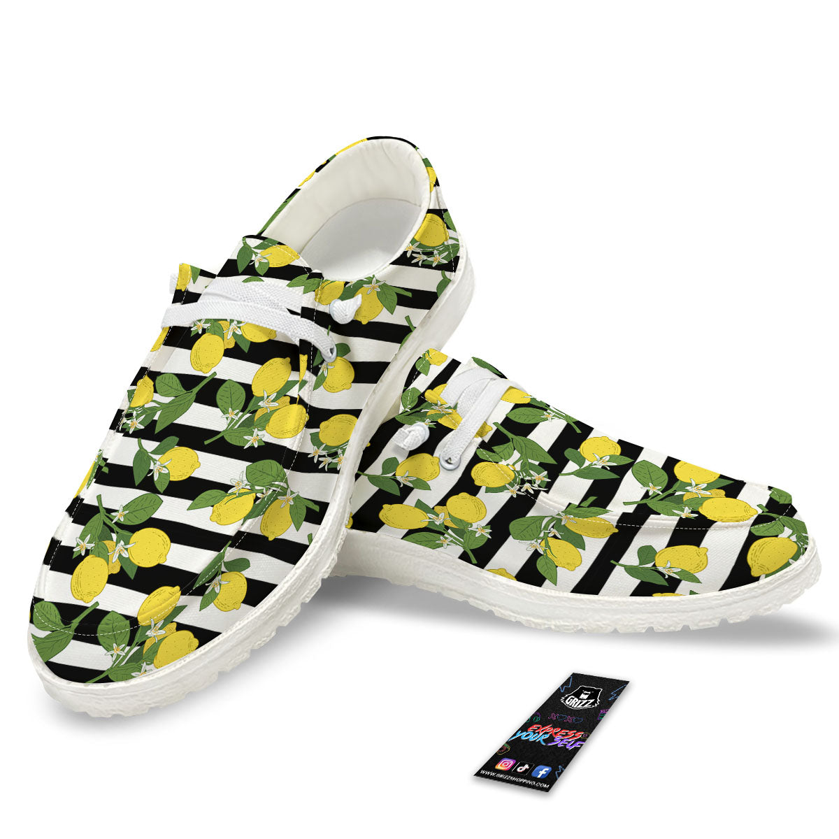 Striped Lemon Print Pattern White Loafers-grizzshop