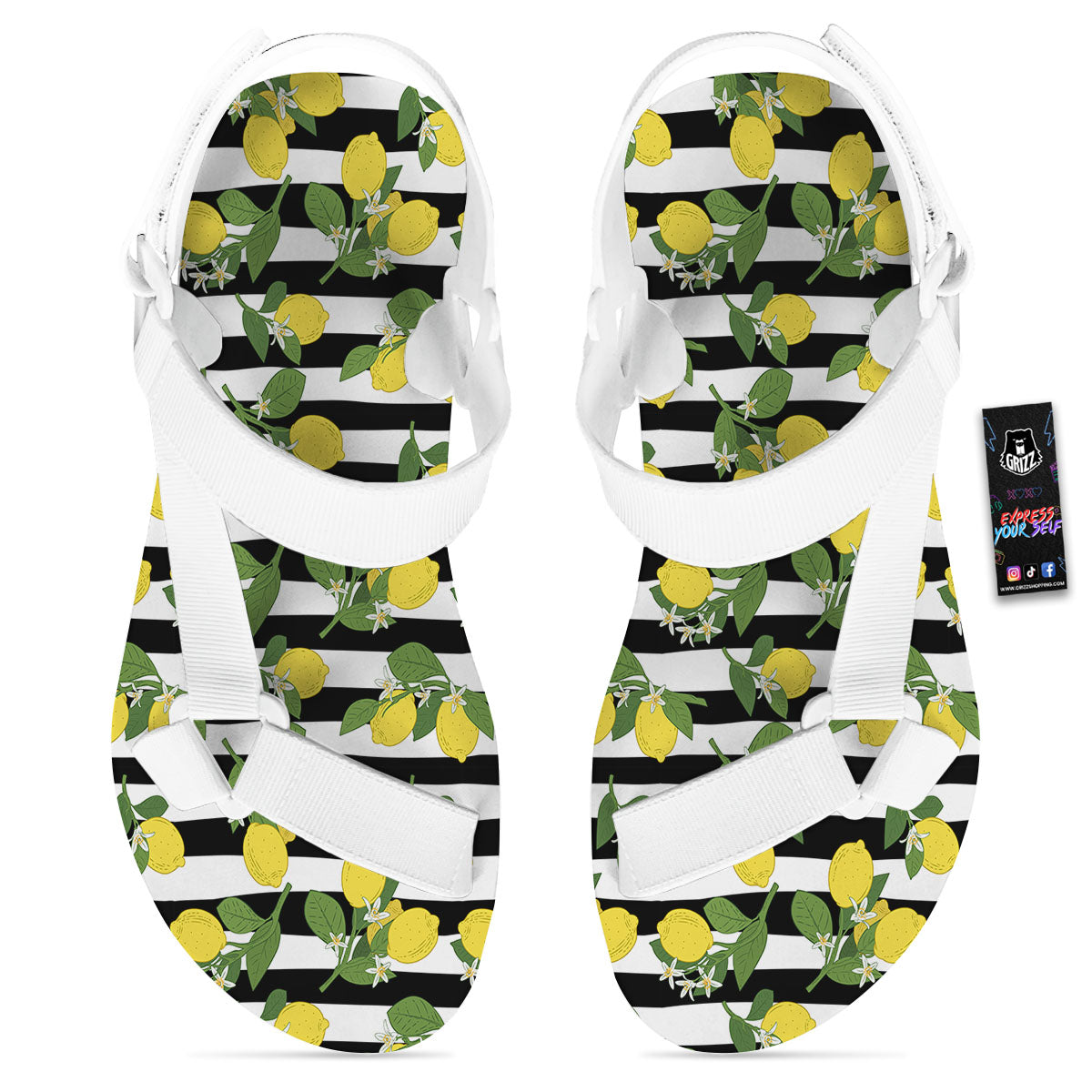 Striped Lemon Print Pattern White Open Toe Sandals-grizzshop