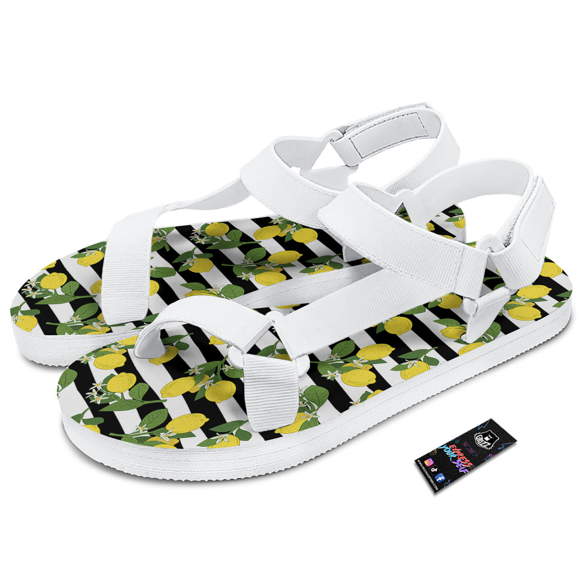 Striped Lemon Print Pattern White Open Toe Sandals-grizzshop