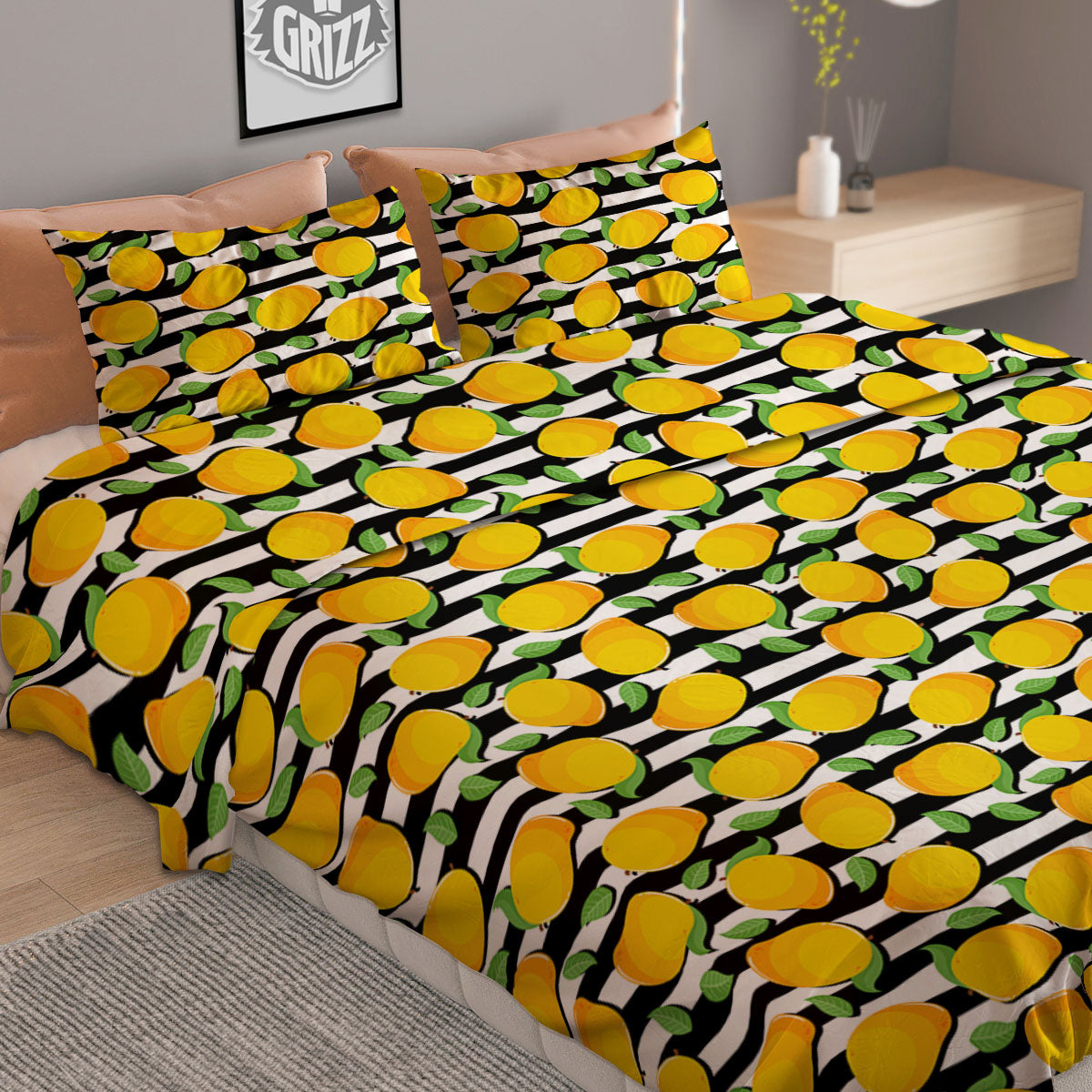 Striped Mango Fruit Print Pattern Duvet Cover Bedding Set