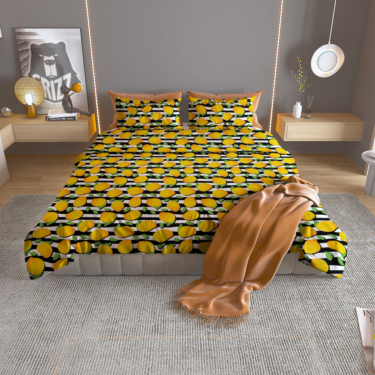 Striped Mango Fruit Print Pattern Duvet Cover Bedding Set