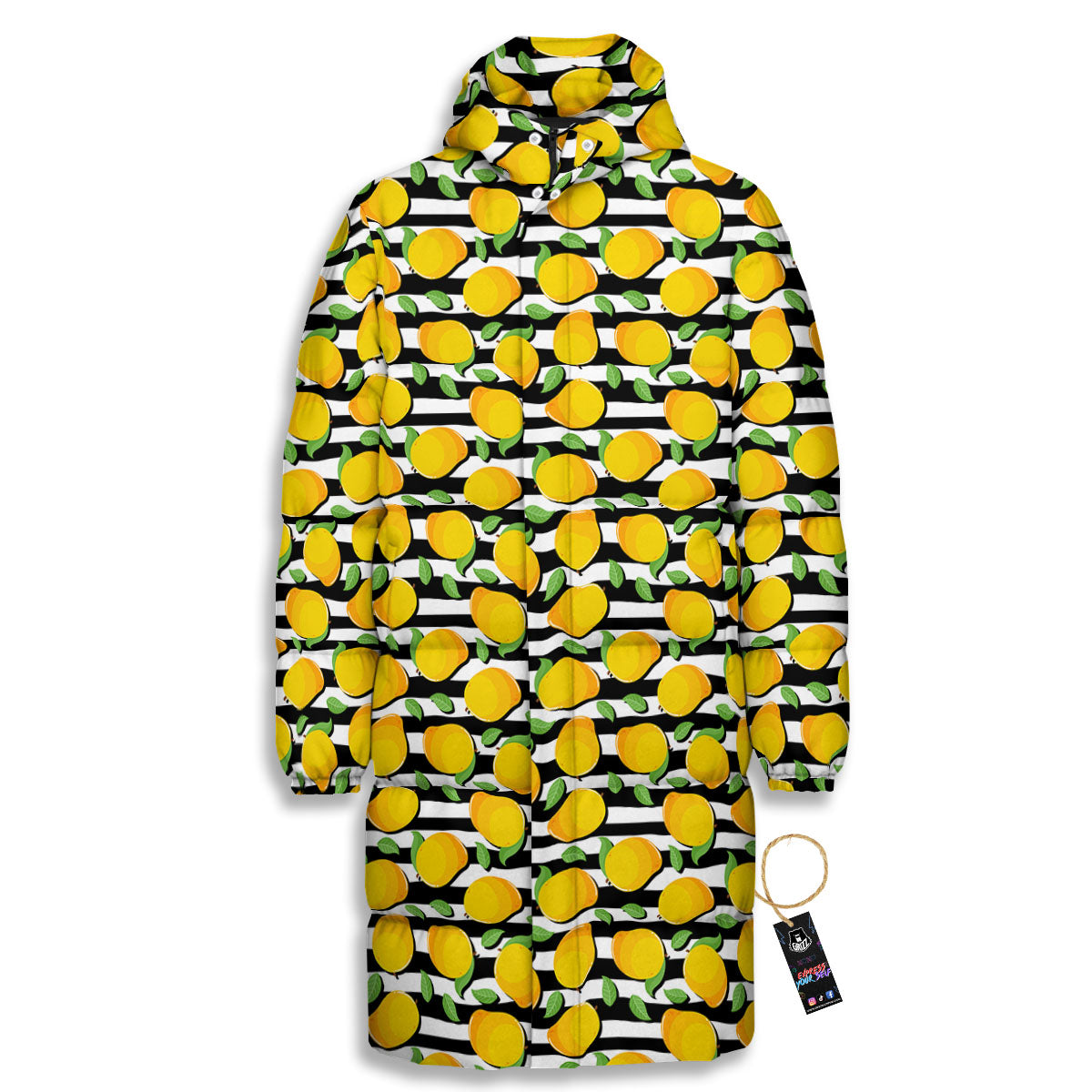 Striped Mango Fruit Print Pattern Long Down Jacket-grizzshop