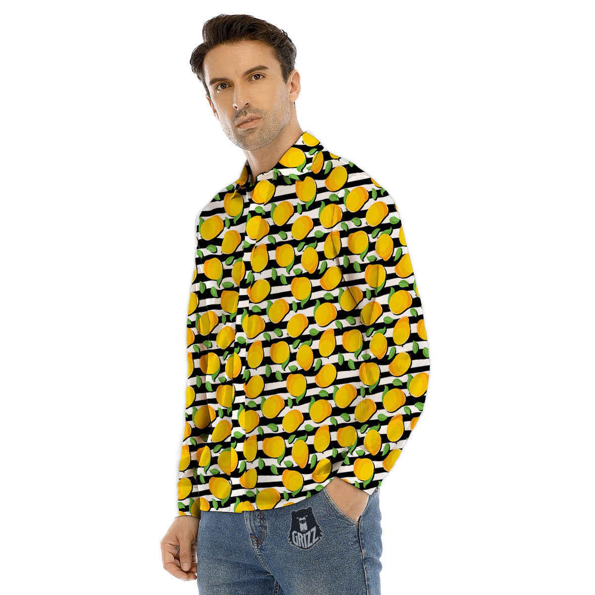 Striped Mango Fruit Print Pattern Men's Dress Shirts-grizzshop