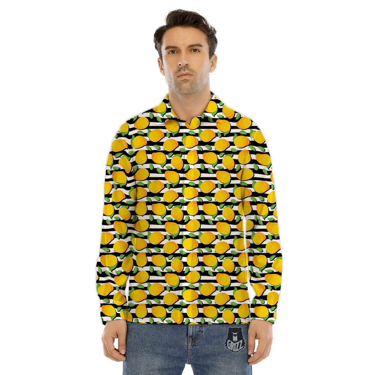 Striped Mango Fruit Print Pattern Men's Dress Shirts-grizzshop