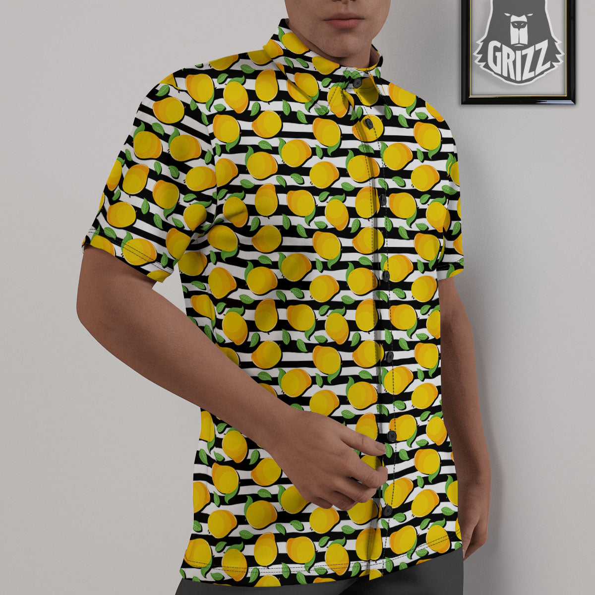 Striped Mango Fruit Print Pattern Untucked Shirts-grizzshop