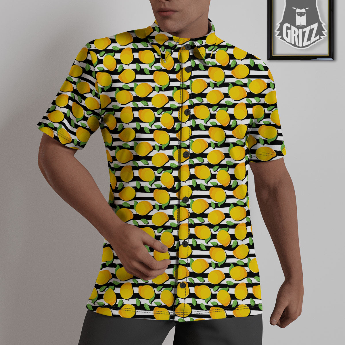 Striped Mango Fruit Print Pattern Untucked Shirts-grizzshop