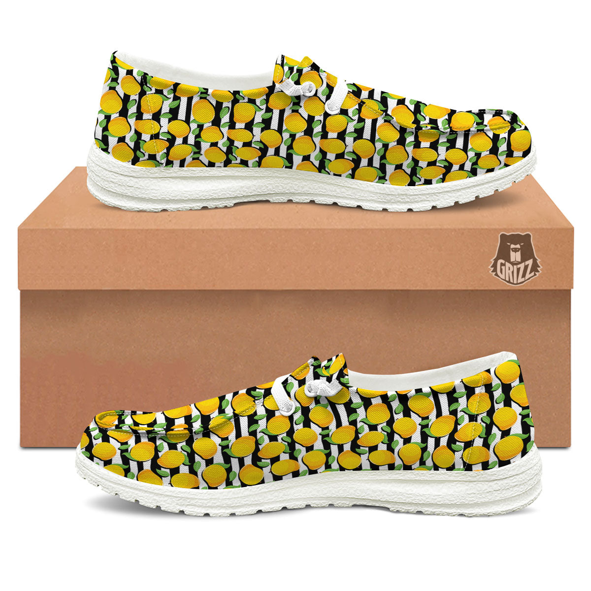 Striped Mango Fruit Print Pattern White Loafers-grizzshop