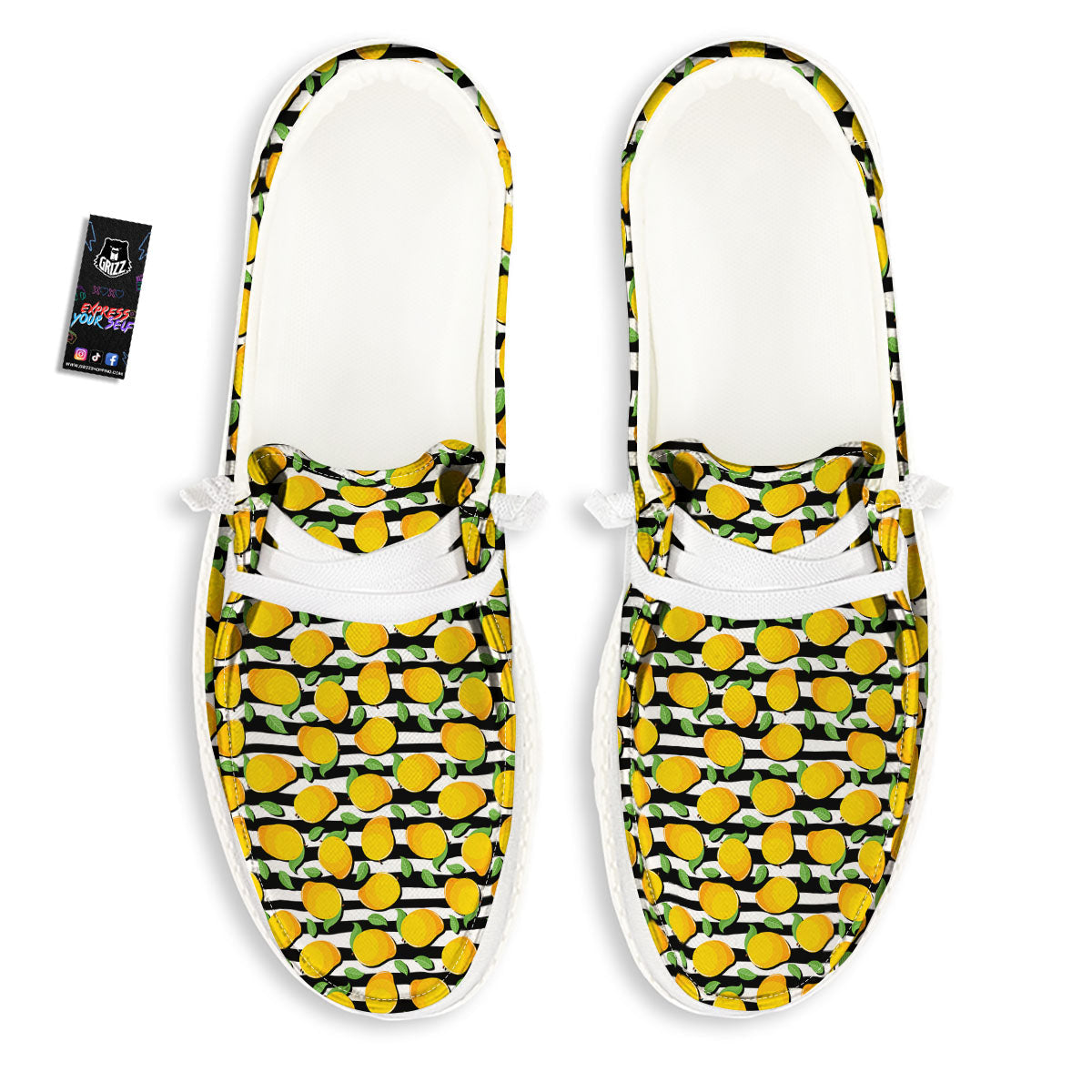 Striped Mango Fruit Print Pattern White Loafers-grizzshop