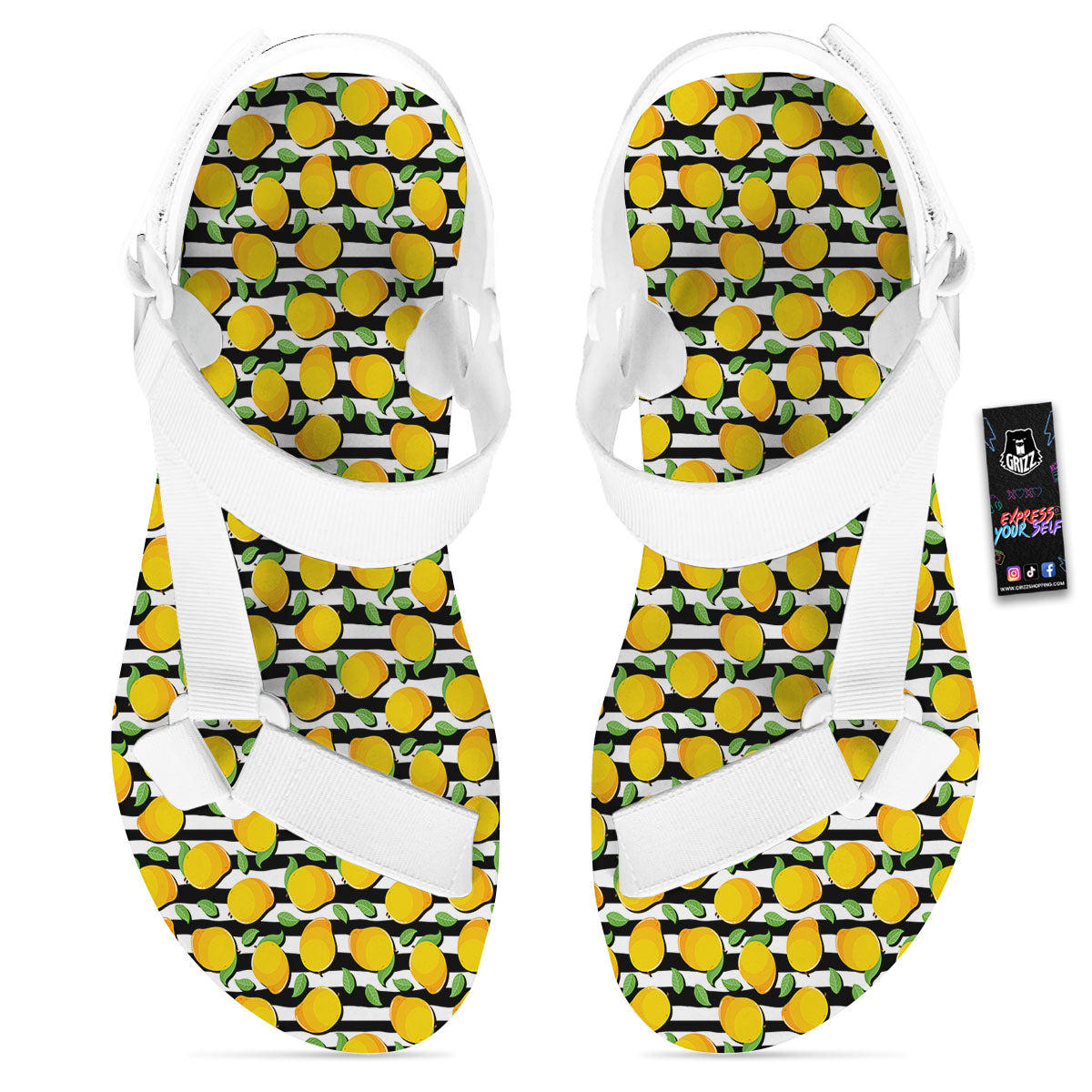 Striped Mango Fruit Print Pattern White Open Toe Sandals-grizzshop