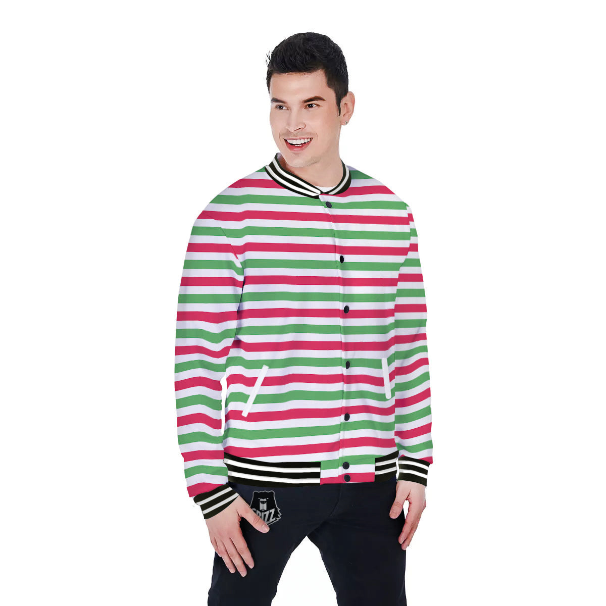 Striped Merry Christmas Print Pattern Baseball Jacket-grizzshop