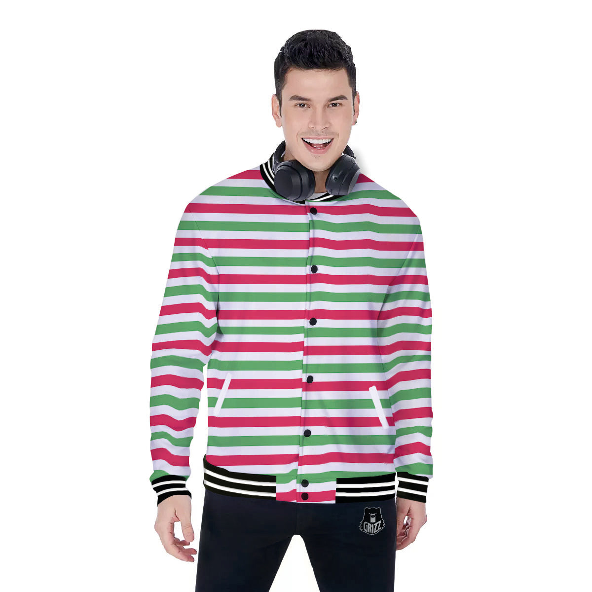 Striped Merry Christmas Print Pattern Baseball Jacket-grizzshop