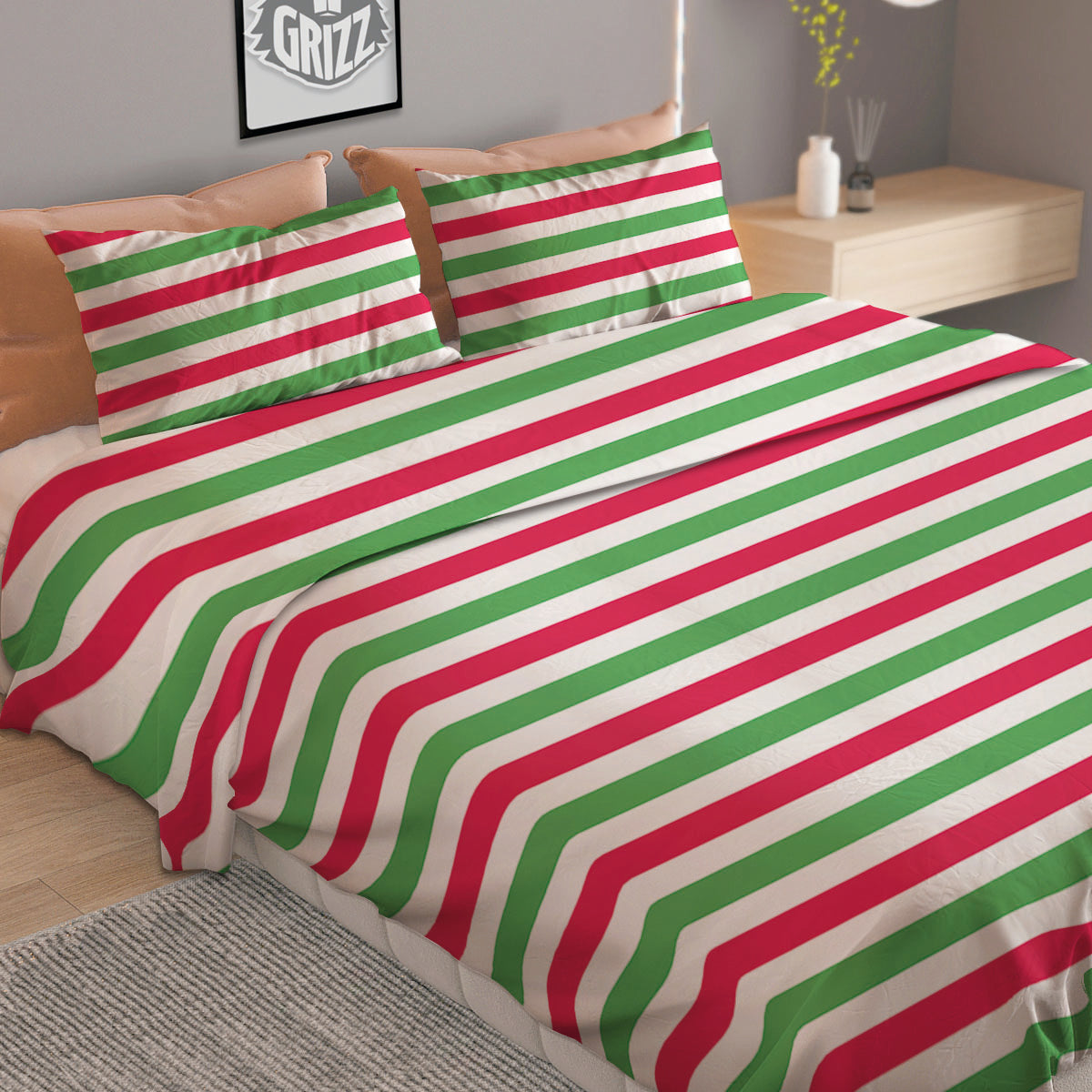 Striped Merry Christmas Print Pattern Duvet Cover Bedding Set