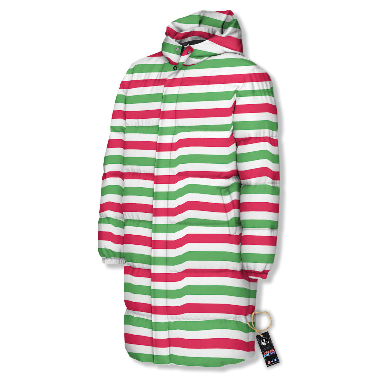 Striped Merry Christmas Print Pattern Long Down Jacket-grizzshop