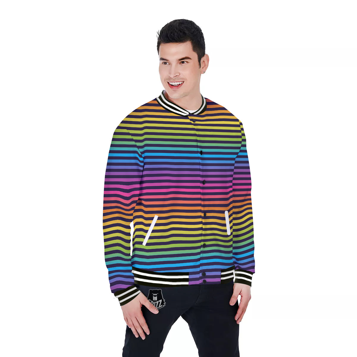 Striped Neon Rainbow Print Baseball Jacket-grizzshop