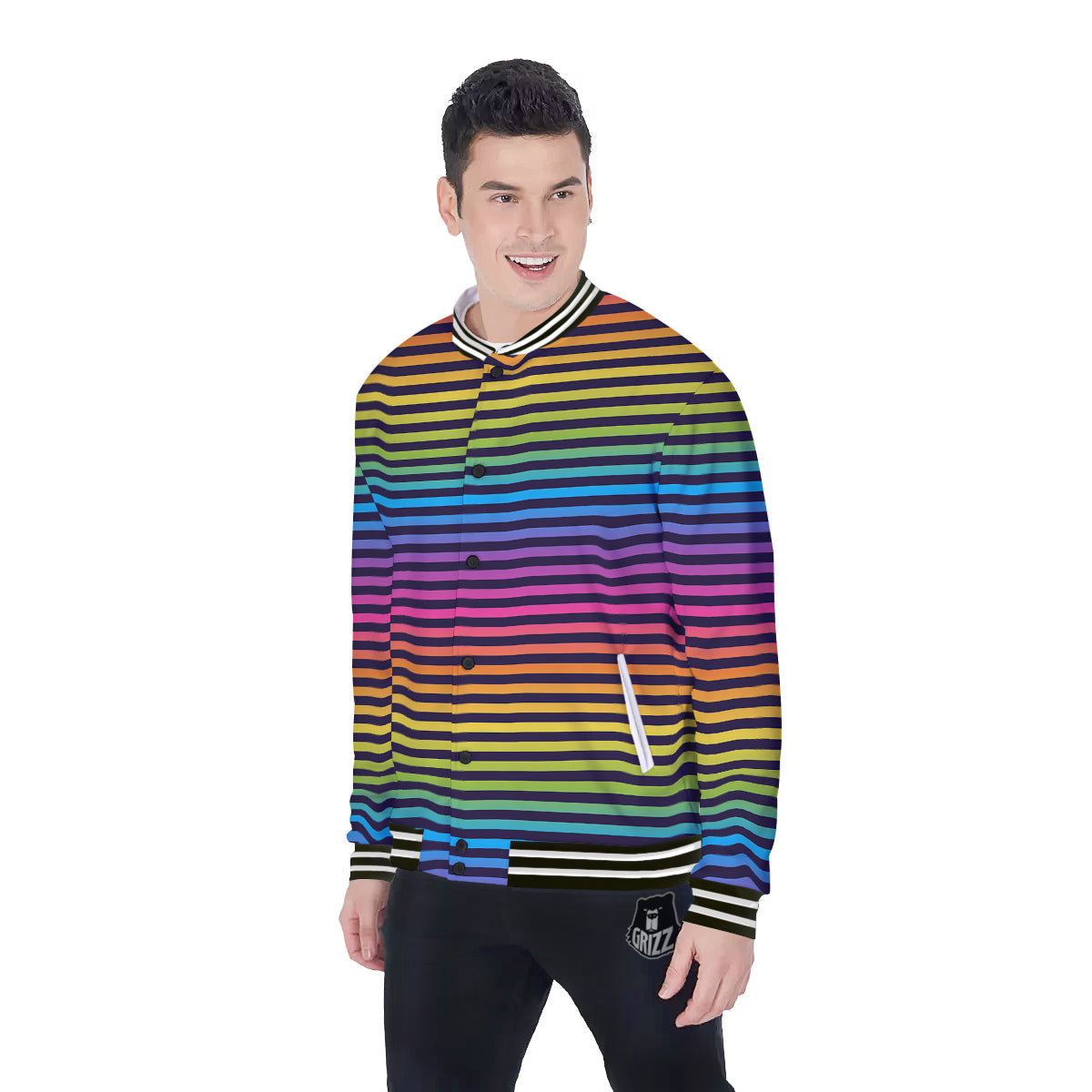 Striped Neon Rainbow Print Baseball Jacket-grizzshop