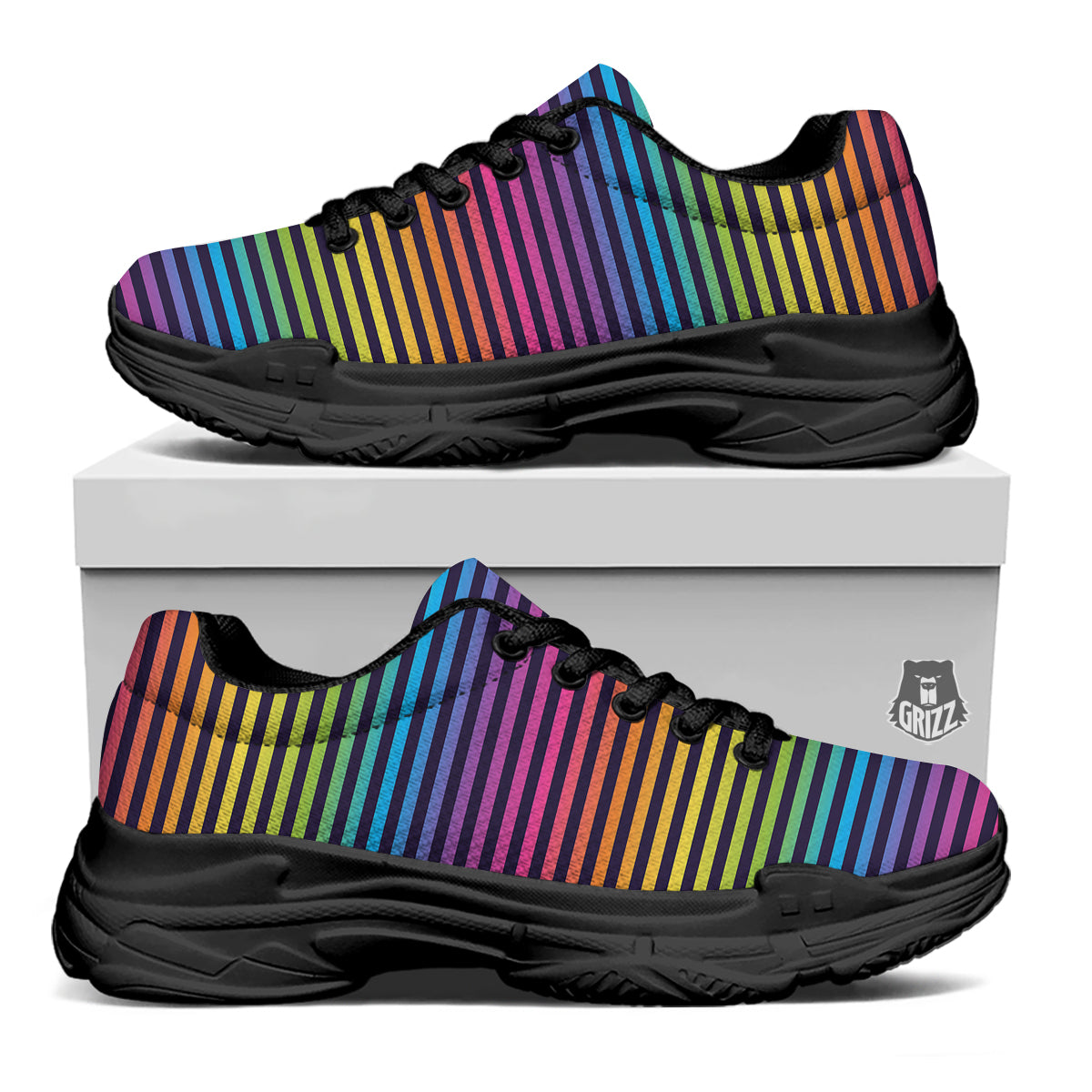 Striped Neon Rainbow Print Black Chunky Shoes-grizzshop