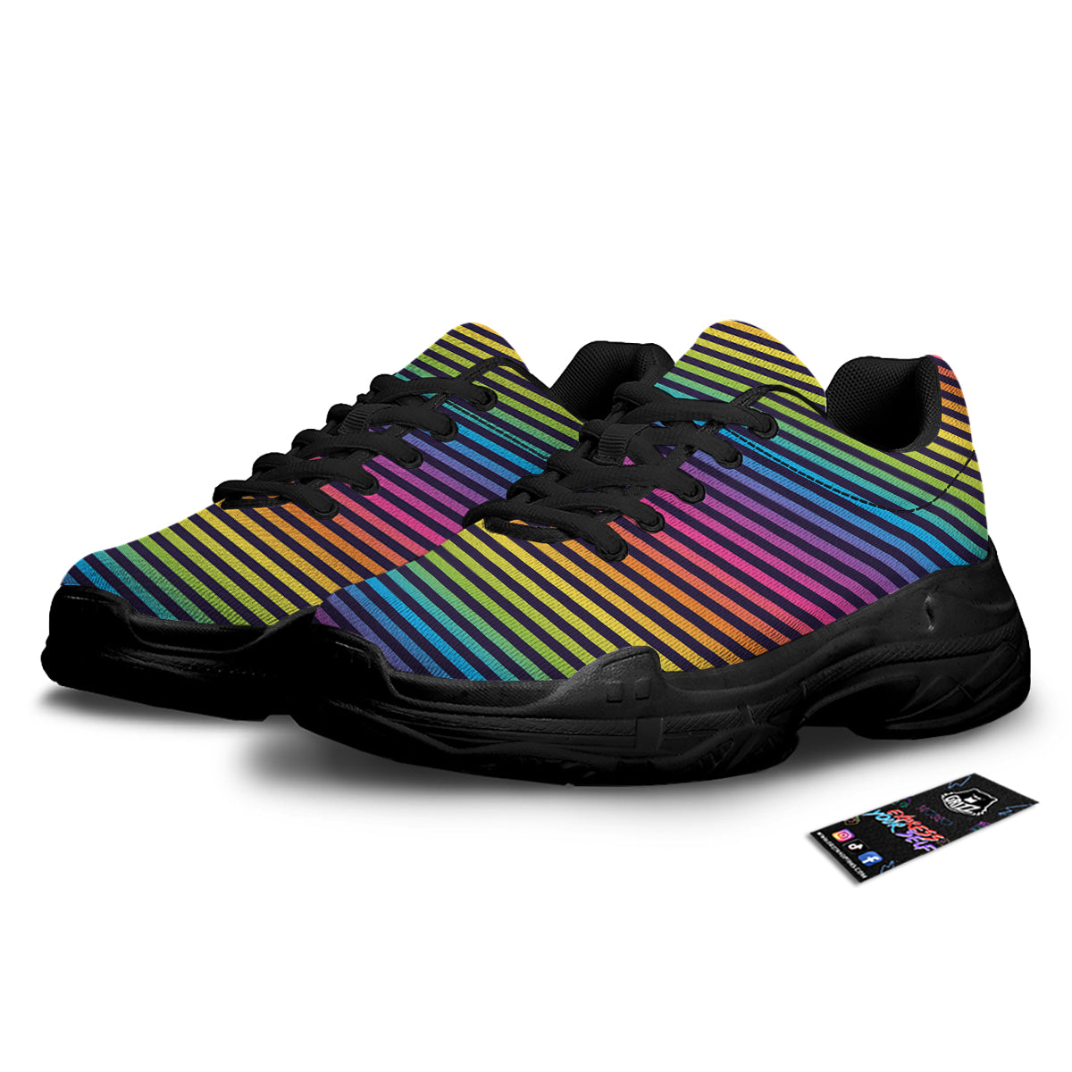 Striped Neon Rainbow Print Black Chunky Shoes-grizzshop