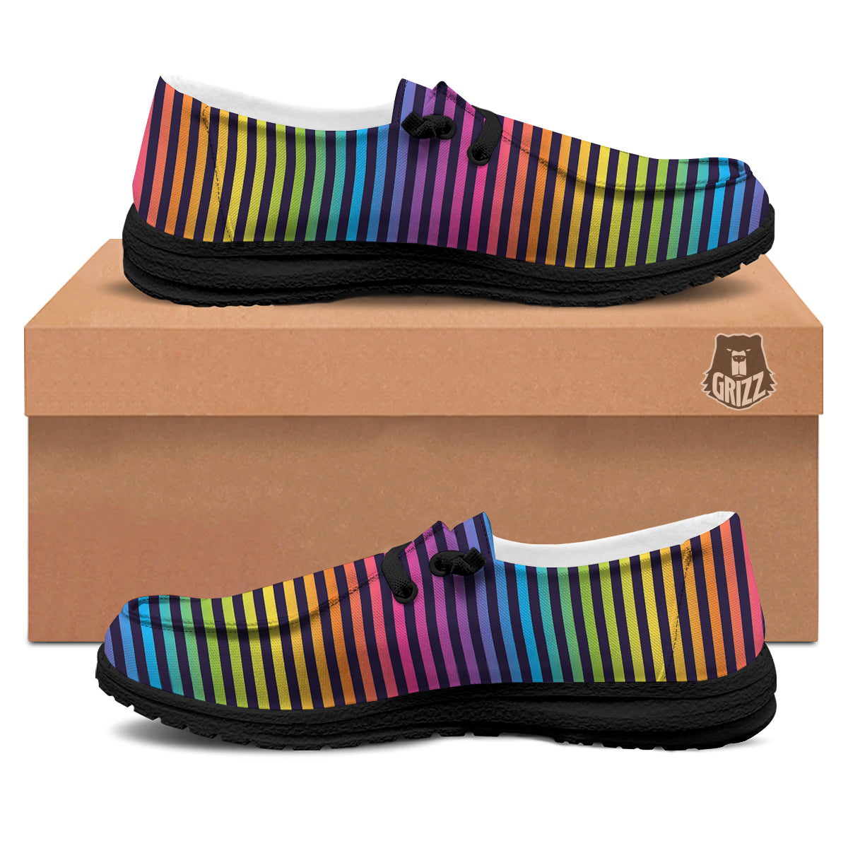 Striped Neon Rainbow Print Black Loafers-grizzshop
