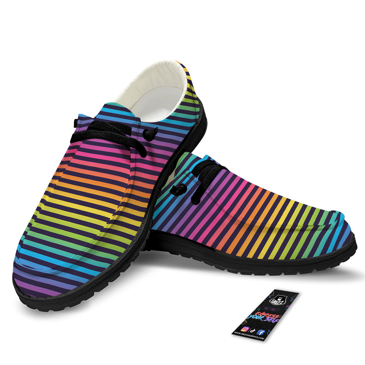 Striped Neon Rainbow Print Black Loafers-grizzshop