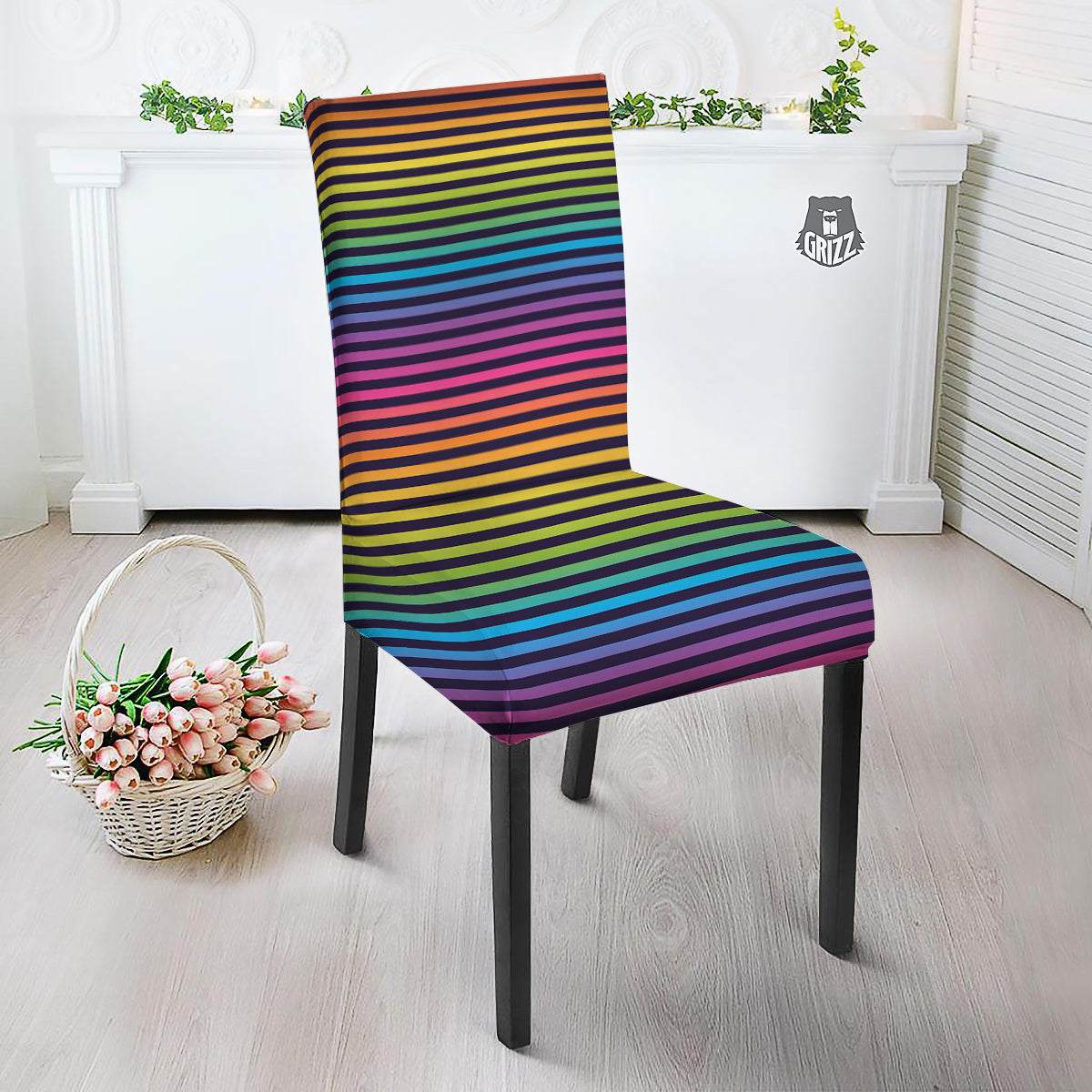Striped Neon Rainbow Print Dining Chair Slipcover-grizzshop