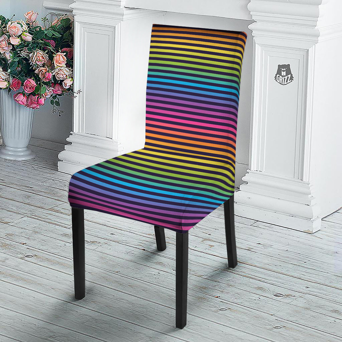 Striped Neon Rainbow Print Dining Chair Slipcover-grizzshop