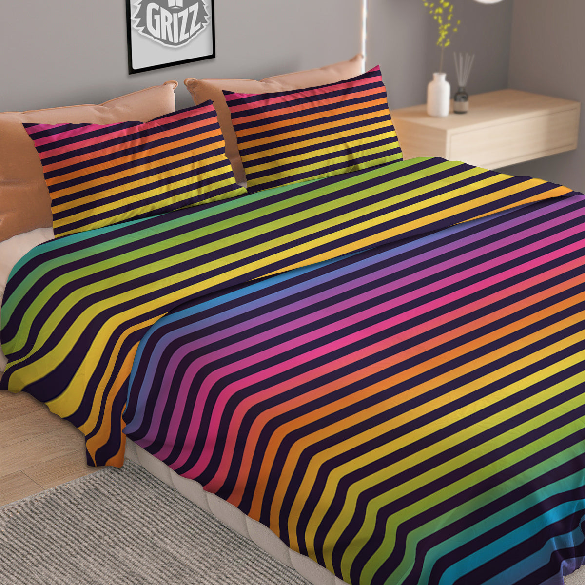 Striped Neon Rainbow Print Duvet Cover Bedding Set