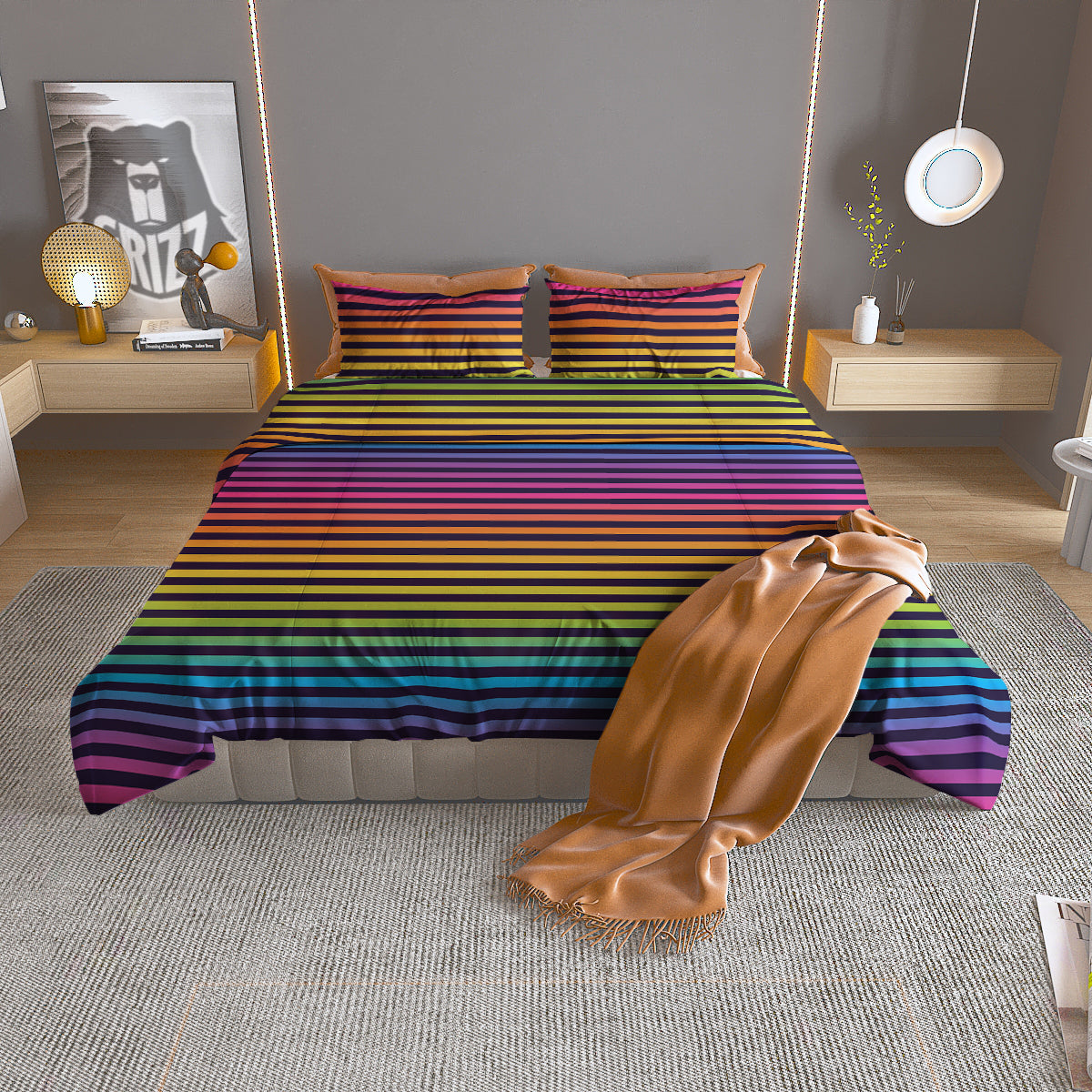 Striped Neon Rainbow Print Duvet Cover Bedding Set