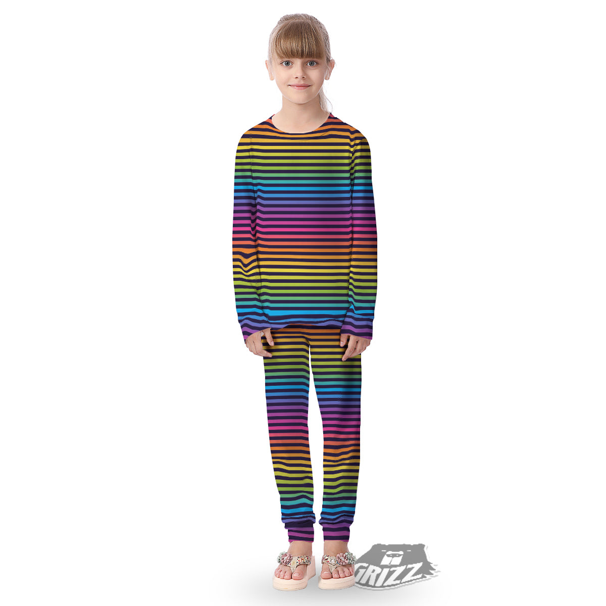 Striped Neon Rainbow Print Kid's Pajamas-grizzshop