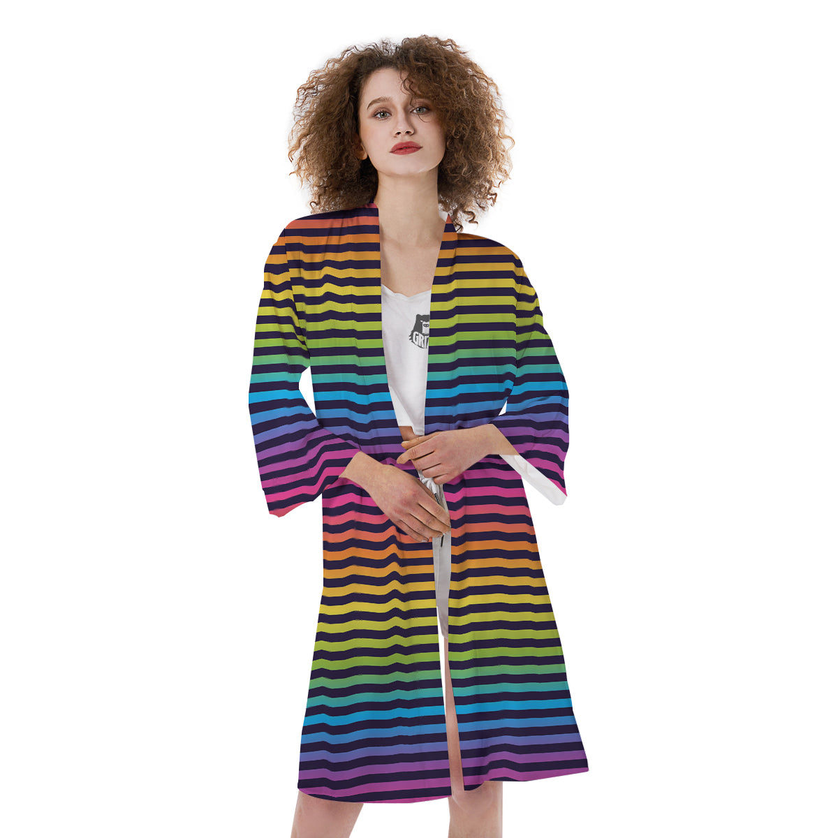 Striped Neon Rainbow Print Kimono-grizzshop