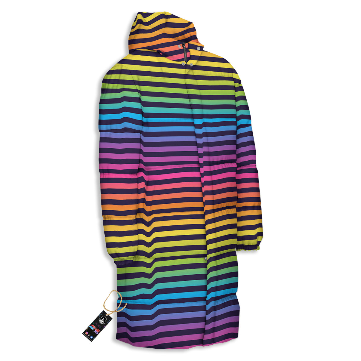 Striped Neon Rainbow Print Long Down Jacket-grizzshop