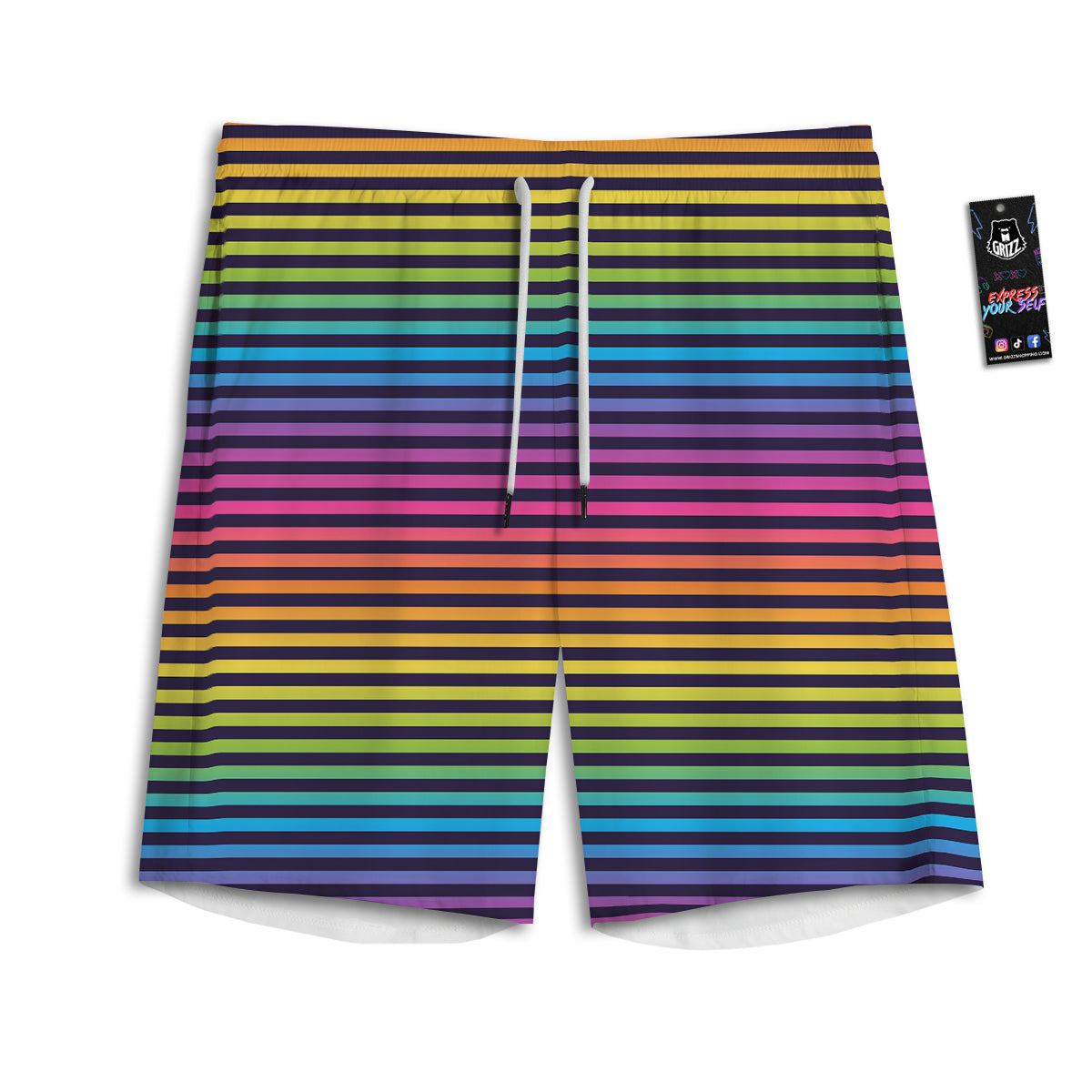 Striped Neon Rainbow Print Men's Athletic Shorts