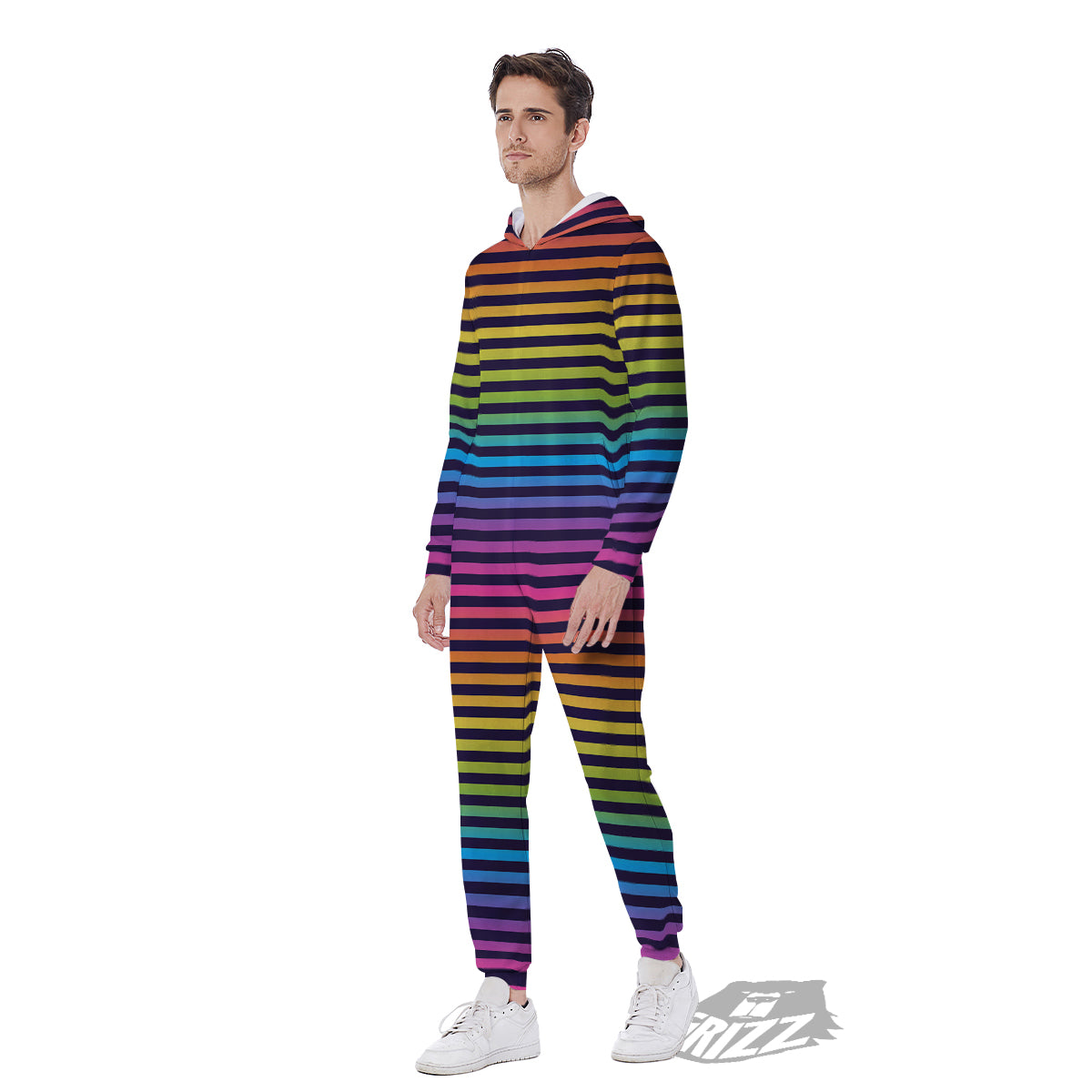 Striped Neon Rainbow Print Men's Jumpsuit-grizzshop