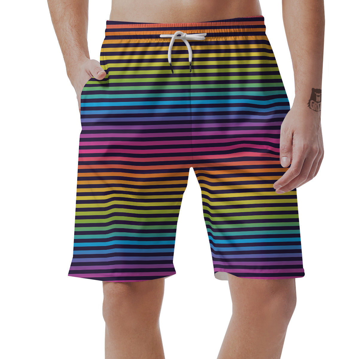 Striped Neon Rainbow Print Men's Shorts-grizzshop