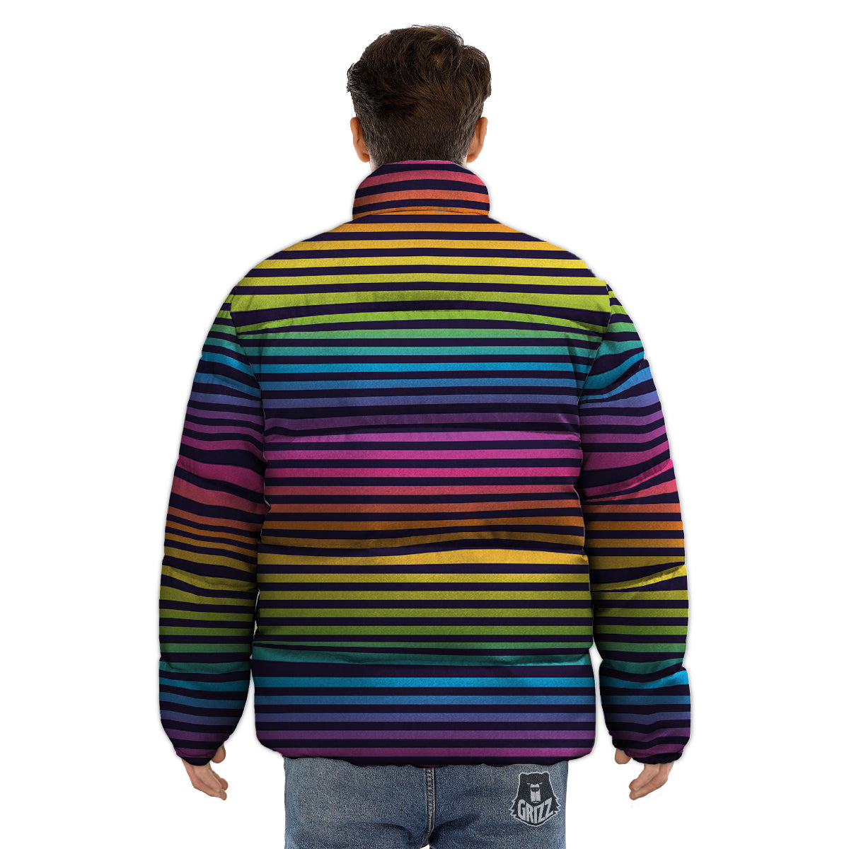 Striped Neon Rainbow Print Puffer Jacket-grizzshop