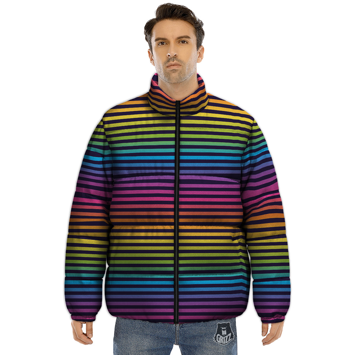 Striped Neon Rainbow Print Puffer Jacket-grizzshop
