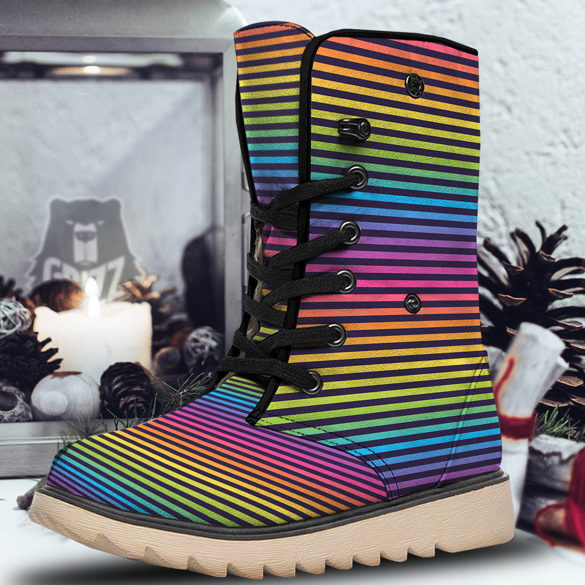 Striped Neon Rainbow Print Snow Boots-grizzshop