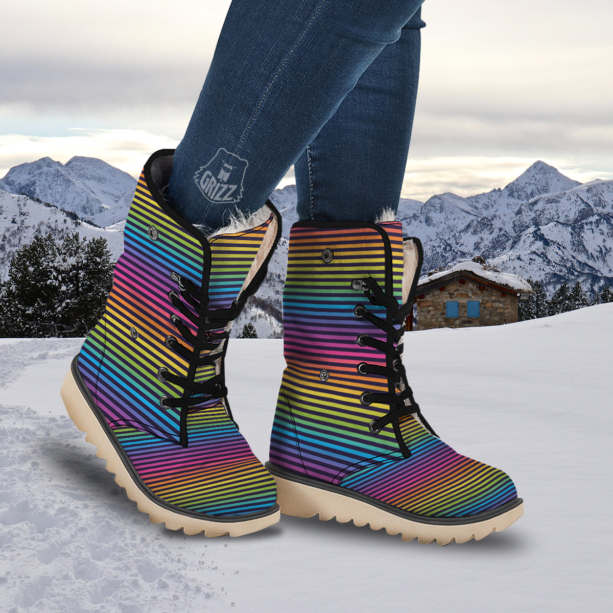 Striped Neon Rainbow Print Snow Boots-grizzshop