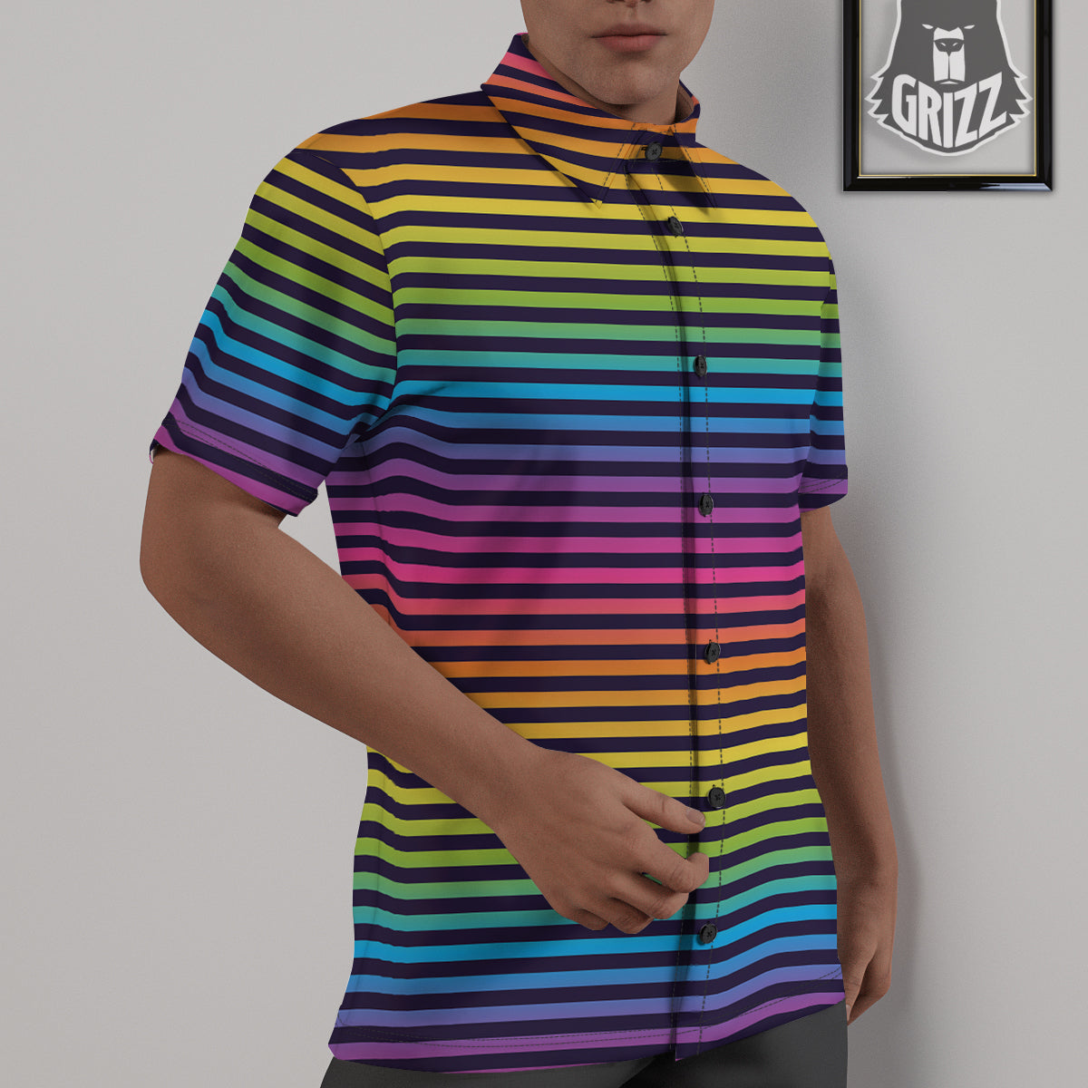 Striped Neon Rainbow Print Untucked Shirts-grizzshop