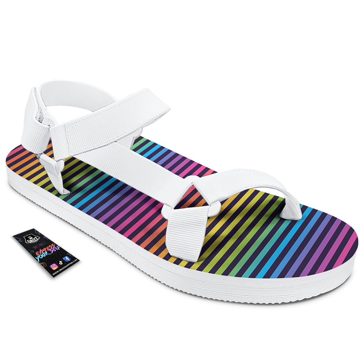 Striped Neon Rainbow Print White Open Toe Sandals-grizzshop