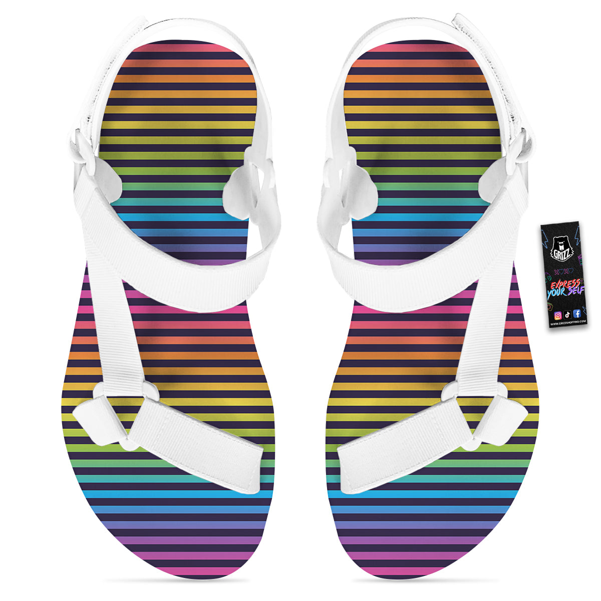 Striped Neon Rainbow Print White Open Toe Sandals-grizzshop