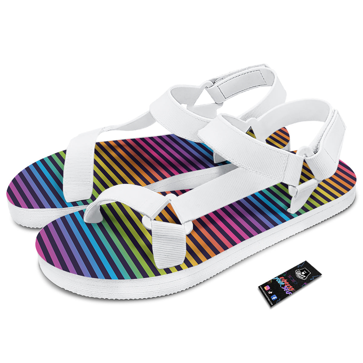 Striped Neon Rainbow Print White Open Toe Sandals-grizzshop