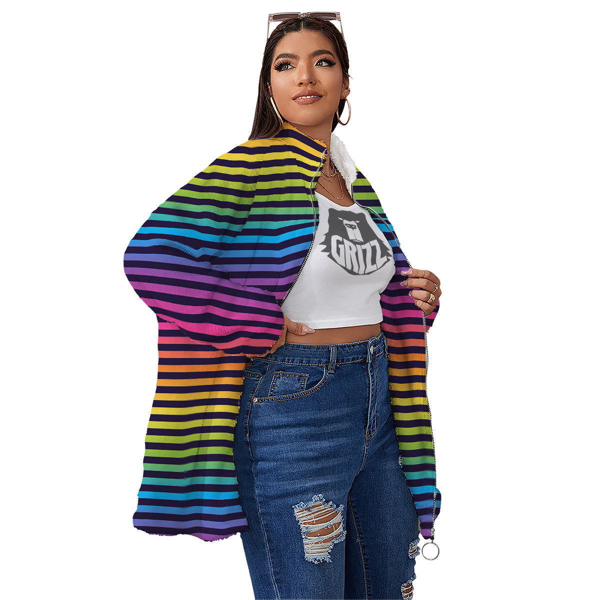 Striped Neon Rainbow Print Women's Sherpa Jacket-grizzshop