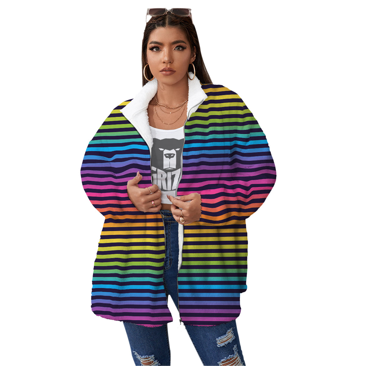 Striped Neon Rainbow Print Women's Sherpa Jacket-grizzshop
