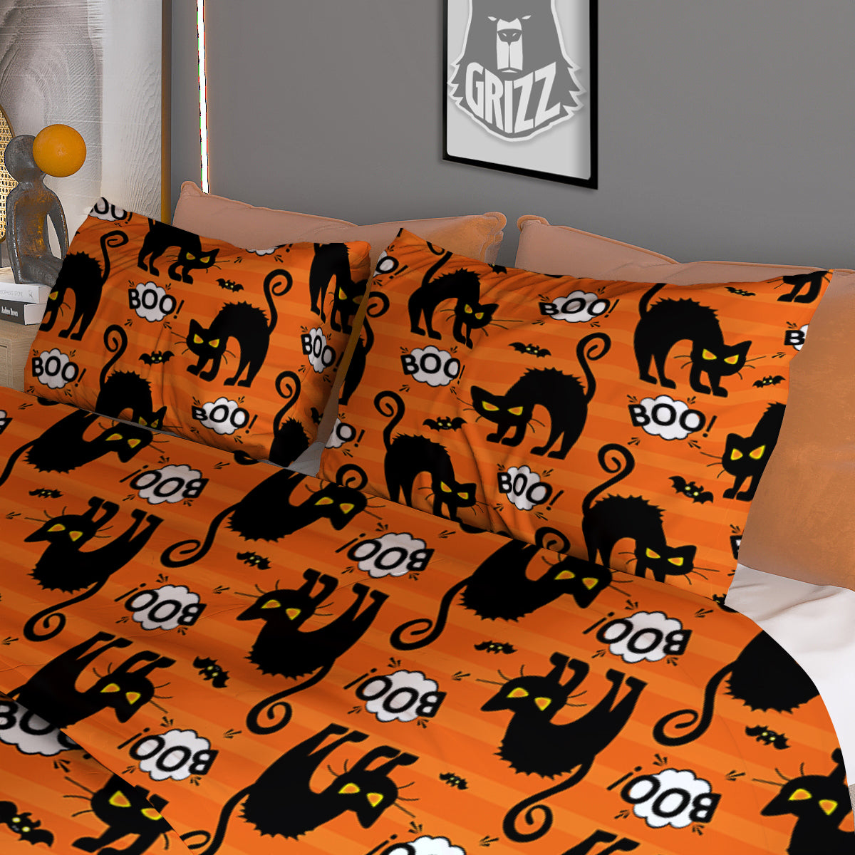 Striped Orange Black Cat Angry Print Pattern Duvet Cover Bedding Set